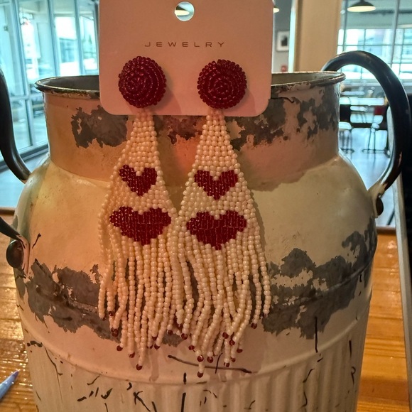 Red and White Beaded Heart Earrings - Picture 1 of 5